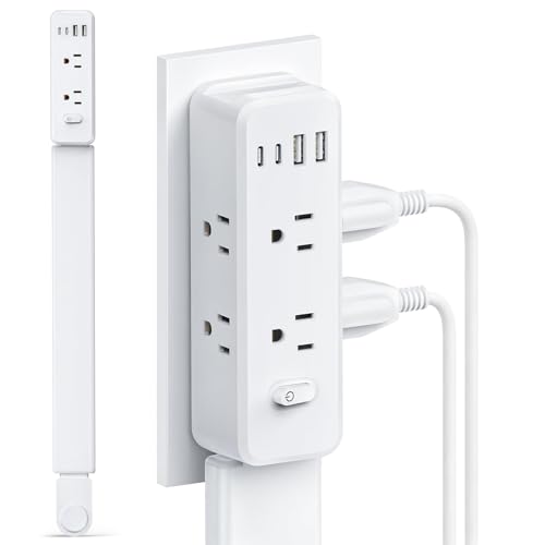 Outlet Extender Stick, 360° Rotating Wall Outlet Expander with 22-35" Extendable Base, 10-in-1 Power Strip Stick with 6 AC Outlets, 4 USB Ports (2 USB-C), Flat Plug for Behind Couch, Home, Office