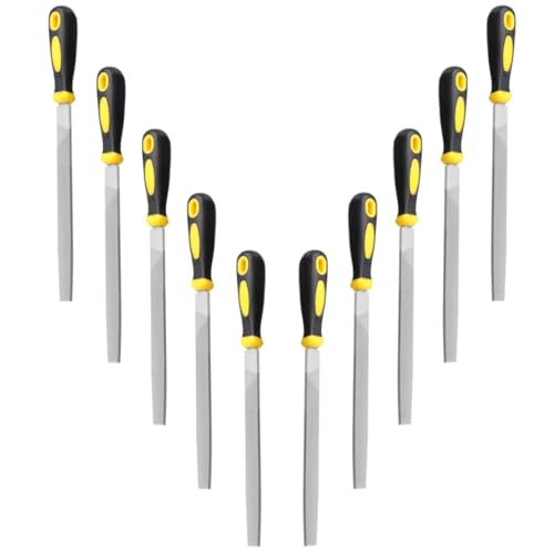 8“ Flat Hand Metal File, 10pcs, length 12”, Ergonomic Rubberized Handle, Uniform Teeth, Strength High Carbon Steel, Perfect for Long Time Use for Trimming, Sharping Metal, Stone, Wood, etc.