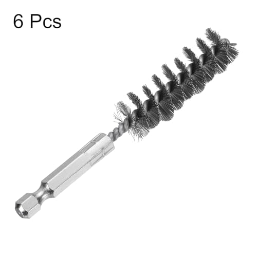 HARFINGTON 6Pcs Stainless Steel Bore Brush 15mm Dia 4" Long Cleaning Twisted Wire Brush with Handle 1/4" Hex Shank for Tubes, Ports, Bearings - size: 15mm