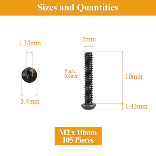 105 Pieces M2 x 10mm Button Head Socket Cap Screws, Thread Pitch 0.4mm, Sutemribor M2 Black Screws, 10.9 Grade Alloy Steel, Black Oxide Finish, Fully Threaded - size: M2 x 10mm, style: Button Head