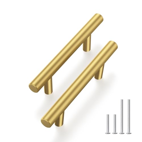Haliwu 30 Pack 3in Gold Cabinet Handles for Kitchen Cabinet Handles | Stainless Steel, Gold Handles for Cabinets, Round T-Bar Shape, Brushed Gold Cabinet Pulls, Screws Included - size: 3 Inch Hole Center