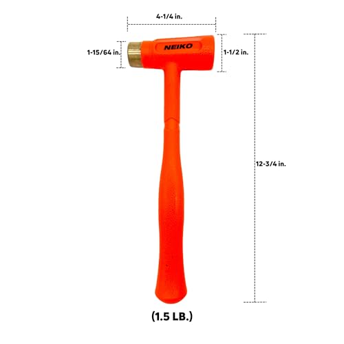 NEIKO 02871A Dead Blow Hammer With Brass Cap, 1.5 Pounds, Neon Orange Deadblow Hammers, Mallet, Spark and Rebound Resistant, Unibody Molded, Soft Blow Rubber, Non Slip Grip, Steel Shot and Core - size: 1.5 Pound, style: Brass Cap Dead Blow