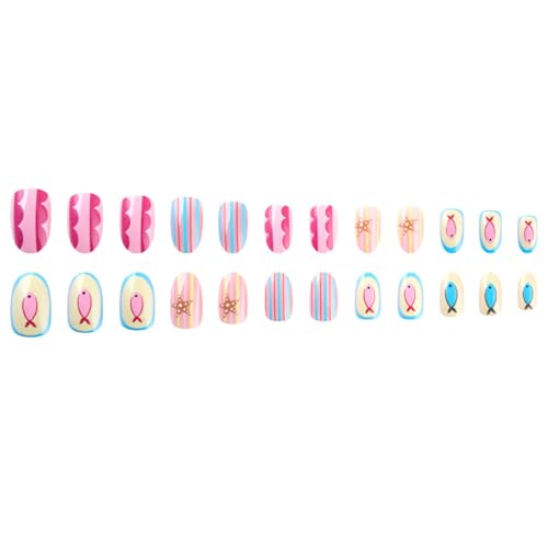 Summer Press On Nails Short Almond Colorful with Starfish Fish Stripes - color: Style15