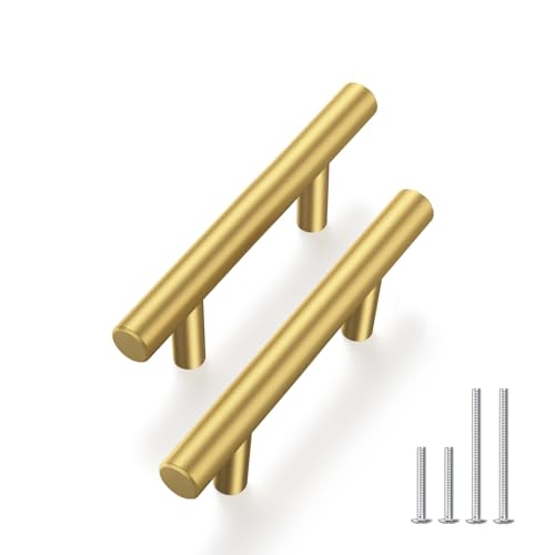 Haliwu 30 Pack 2-1/2in Gold Cabinet Handles for Kitchen Cabinet Handles | Stainless Steel, Gold Handles for Cabinets, Round T-Bar Shape, Brushed Gold Cabinet Pulls, Screws Included - size: 2-1/2 inch hole center