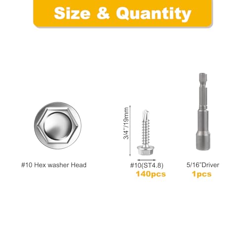 Jyphorixal Self-Tapping Screws, 410 Stainless Steel, 140 PCS Assortment Kit with Driver, #10X3/4, Hex Washer Head