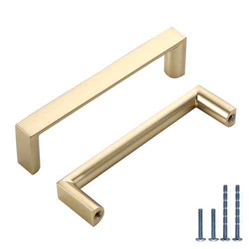 10 Pack 3.75 Inch(96mm) Kitchen Cabinet Handles Brushed Gold Cabinet Pulls Kitchen Cabinet Hardware Drawer Pulls for Dresser Cupboard Wardrobe | Heavy-Duty Solid Zinc, Screws Included, Easy to Install, Comfortable to Grip, Modern, Kitchen Pulls for Drawer