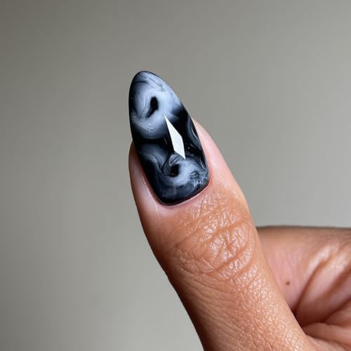 LPOODDNU Almond Press on Nails - Medium Black Fake Nails with Marble Designs, Glossy Finished Reusable False Nails with Double Adhesive Glue Tabs - 24Pcs Nail Kit for Women Manicure - color: black marble