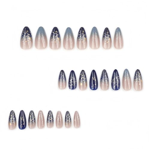 Ombre Press On Nails medium, Almond Fake Nails Featuring a Nude-to-Blue Gradient and accented with golden glitte, Glossy Finish Acrylic Nails, Reusable Glue On Nails for Women - color: 42-Golden Tide