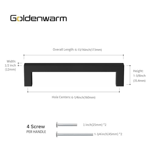 Goldenwarm 30 Pack 6-1/4" Black Cabinet Handles Kitchen Drawer Pulls - size: 6-1/4in Hole Centers