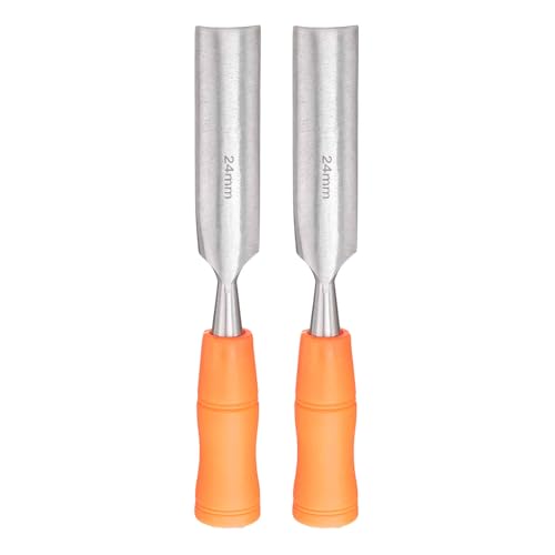 HARFINGTON 2pcs Wood Chisel 15/16" Carbon Steel Inner Beveled Edge Blade Wood Working Flat Chisel with Plastic Non-Slip Handle for Woodworking Carving DIY Projects, Orange - size: 15/16"