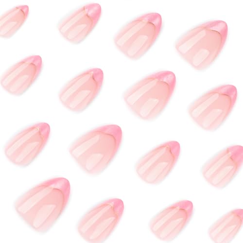 Nude+Pink Cat Eye French Tip Press on Nails Short Almond, with Gold Line French Fake Nails, Reusable Glue-On Stick Nails for Women. Stylish Design with Suitable for Weddings Parties on Nails - color: 4077-Pink Cat Eye Tip, size: 24 Pieces (Pack of 1)