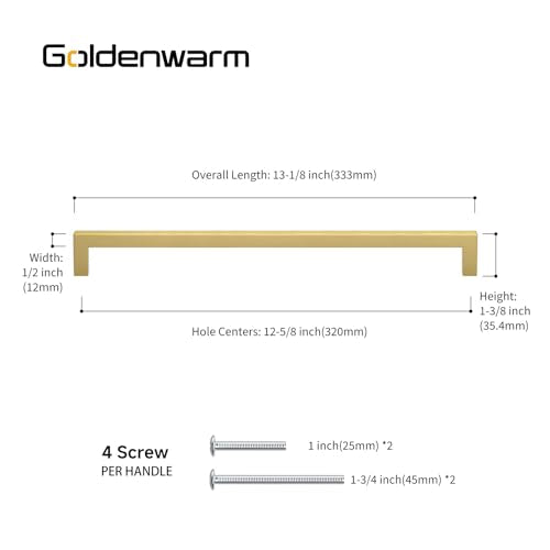 Goldenwarm Gold Cabinet Pulls Kitchen Cabinet Door Handle - LSJ12GD320 Brushed Brass Drawer Pulls 12-3/5 Inch Hole Center Modern Square Cupboard Handles Hardware Dresser Knobs 25 Pack - color: Gold, size: 12-3/5in Hole Centers