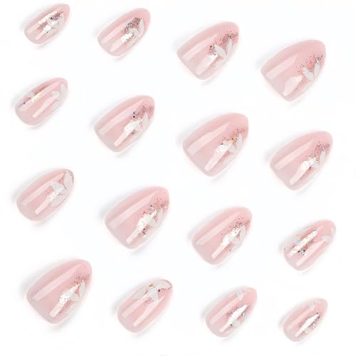 Fall Short Press On Nails Almond, Nude Fake Nails accented with golden glitter and Graceful White Floral Petal Design, Glossy Gel Finish Acrylic Nails, Natural Reusable Glue On Nails for Women - color: 34-Nature Poise