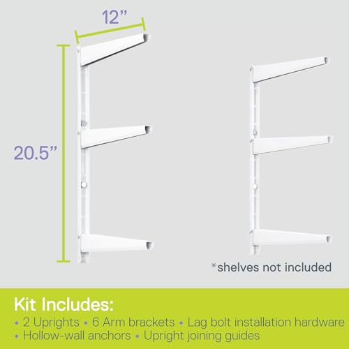Delta Minimalistic White Shelf Brackets Cycle, Set of 6 Fully Adjustable 12-inch Heavy Duty Shelf Brackets, Holds Up to 480 lbs, Modern Shelf Bracket for Wood Shelves - style: 12" White 3-Tier Heavy Duty Rack