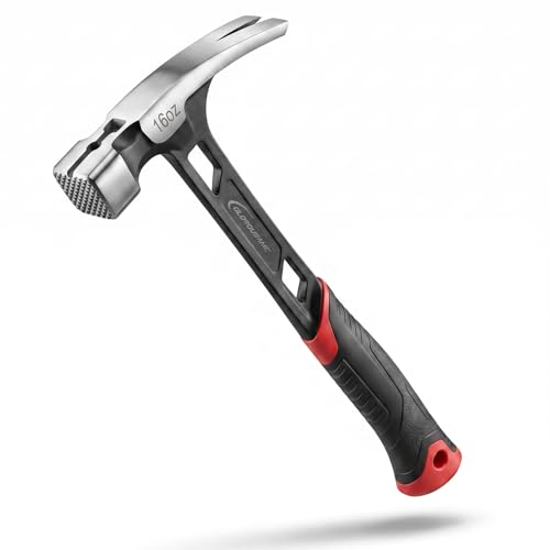 16 oz Straight Rip Claw Hammer with Milled Face & Shock Reduction Grip, Magnetic Nail Holder, Heavy Duty One-piece Forged Hammer (16oz)