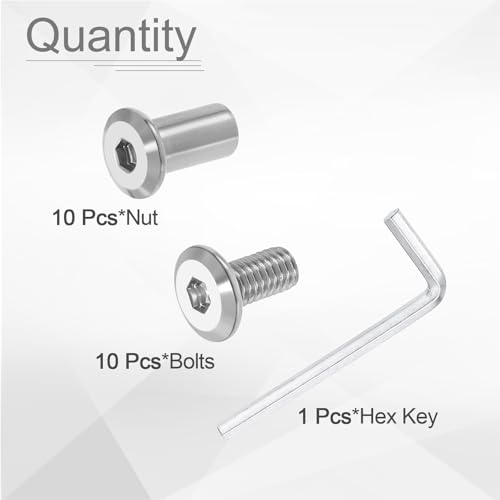 HARFINGTON 10 Set M6x12mm Hex Drive Socket Cap Bolt and M6x15mm Nuts with M4 Hex Wrench, Furniture Connector Bolts and Screws for Furniture Countersunk Belt, Silver - size: M6x12mm, M6x15mm