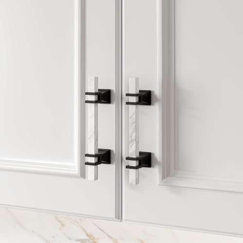 Haliwu 10 Pack 3-3/4 Inch White Marble Cabinet Pulls Black Kitchen Handles - color: White Marble & Black, size: Hole Center Spacing：96mm (3-3/4 inch)