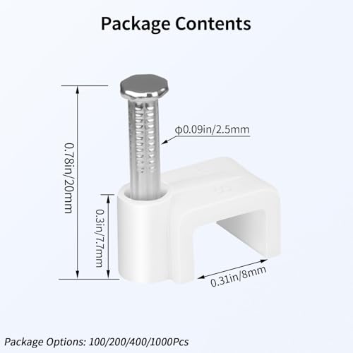 LeMotech Flat Cable Clips, 100pcs 8mm Wire Wall Clips with Steel Nails, Coaxial Nail Clamps for Cable Cord Management CAT5 CAT5e CAT6 CAT7 RJ45 Ethernet Cable Clamps, White - size: Flat (8mm)
