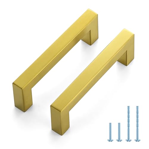 JOY DECOR Gold Cabinet Handles Square Cabinet Pulls, 3-3/4 Inch CC, 10 Pack - size: 3-3/4 Inch Hole Center