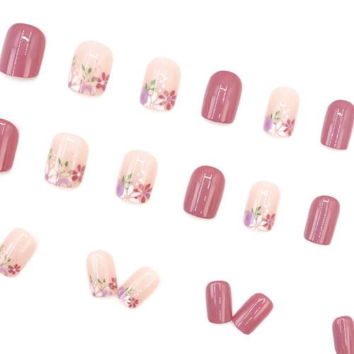 Brown Flower Oval False Nails - Summer Real Short Nude Fake Nails with Cute Daisy Designs, Glossy Finish - 24pc Kit