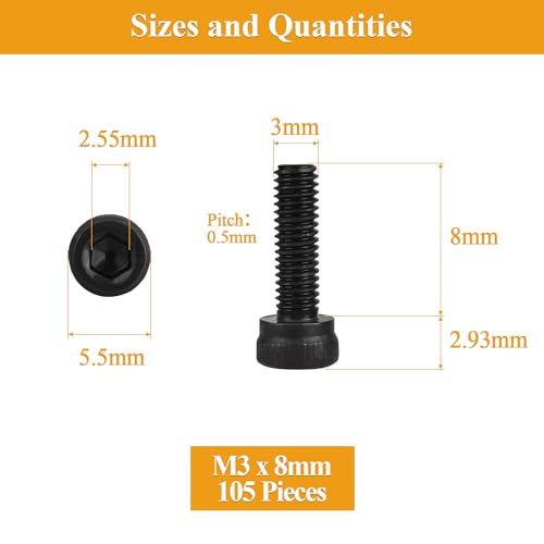 105 Pieces M3 x 8mm Socket Head Cap Screws, Thread Pitch 0.5mm, Sutemribor M3 Black Screws, 12.9 Grade Alloy Steel, Black Oxide Finish, Fully Threaded - size: M3 x 8mm, style: Socket Head
