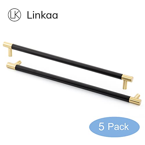 Linkaa Cabinet Handles Gold Drawer Pulls with Black Planting,Cabinet Pulls for Kitchen Dresser Knobs Black for Bedroom,（12.5 inch，5 Pack (320 mm) - size: 320 mm