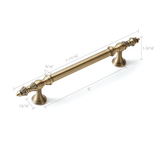 5 Pack | Cabinet Handles | Solid Brass | 5 Inch Hole Center | Brushed Antique Brass |Classic Cabinet Pulls for Furniture Kitchen ＆ Bathroon Fixture - size: 5 Inch Hole Center