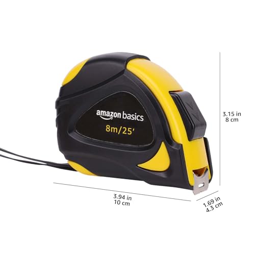 Amazon Basics Self-Locking Tape Measure, 25ft (8-meters), Accurate Dual Scale inch/metric, MID Accuracy, Extendable, 2-Pack, Yellow - color: Yellow, size: 7.6 m