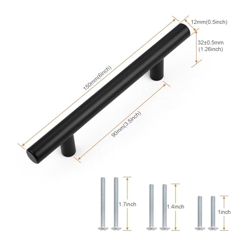 Probrico 30 Pack Holes Spacing(90mm) 3.5inch Flat Black Kitchen Cabinet Handles, Stainless Steel Dresser Drawer Pulls,6inch Length Euro T Bar Pull Handle for Closet - size: Center to Center: 3.5 inch