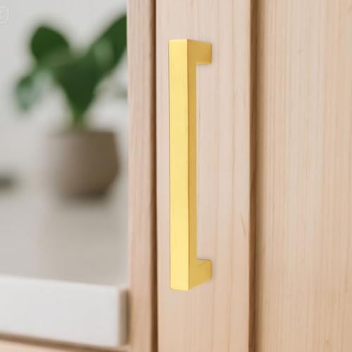 KNOBWELL 6Pack 3-3/4 Inch Brushed Gold Cabinet Pulls Stainless Steel Kitchen Cabinet Handles Square Drawer Pulls Modern Cabinet Hardware Handles，96mm Hole Centers - color: Brushed Gold, size: Hole Center:3-3/4 inch(96mm)