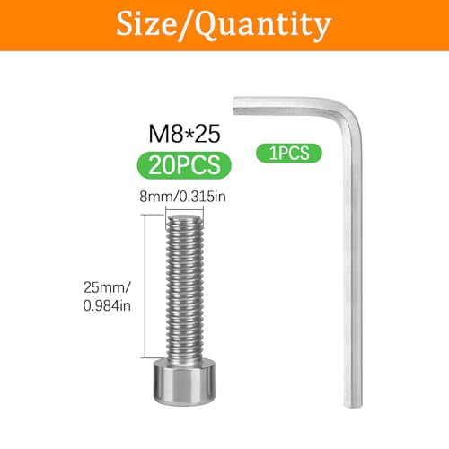 20 Pcs M8 x 25mm Stainless Steel Allen Socket Head Cap Screws, Full Thread Metric Fasteners, Bright Finish for Automotive & Machinery Use - size: M8x25mm-20Pcs