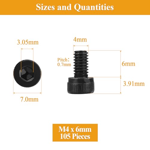 105 Pieces M4 x 6mm Socket Head Cap Screws, Thread Pitch 0.7mm, Sutemribor M4 Black Screws, 12.9 Grade Alloy Steel, Black Oxide Finish, Fully Threaded - size: M4 x 6mm, style: Socket Head