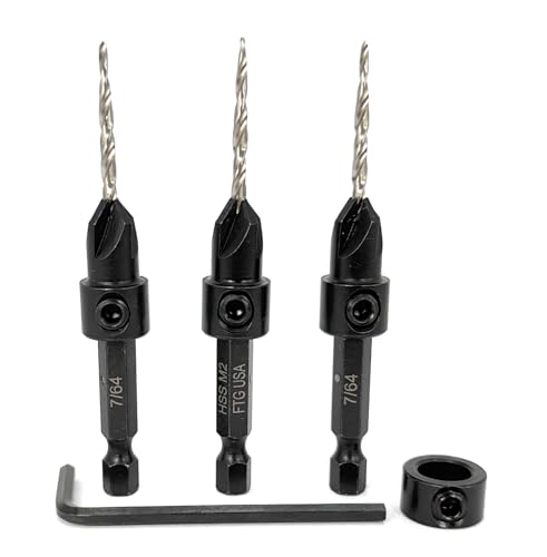 FTG USA #4 (7/64") Wood Countersink Drill Bit 3-Pc Set with 3/8" Depth Stop - size: #4, style: 3 Pc with Depth Stop