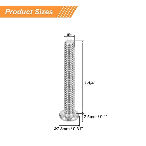 uxcell #8-32x1-1/4 Pan Head Machine Screws, 304 Stainless Steel 18-8 Screw, Phillips Drive, Fully Threaded, Bright Finish, Pack of 20 - size: #8-32x1-1/4"
