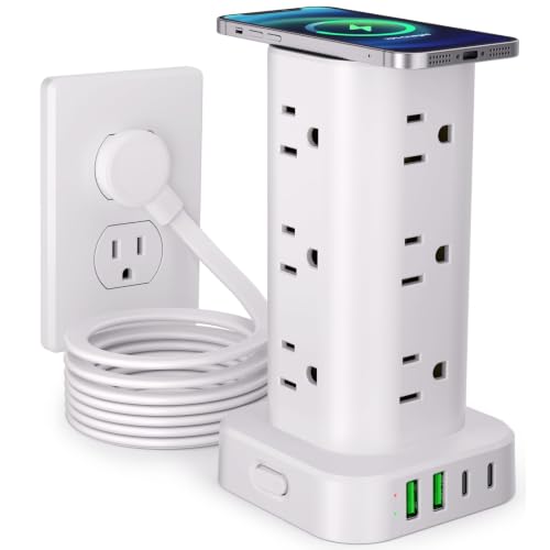 Power Strip Tower with Wireless Charger, Surge Protector with 12 Outlets - color: White, size: 10FT with Wireless Charging
