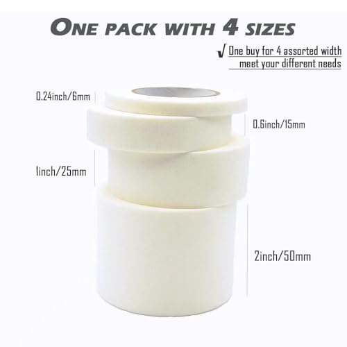 4 Rolls White Masking Tape 2 1 3/4 1/4 inch Wide, Multi Size Assorted General Purpose Beige Masking Tape Painters Tape Art Craft Tape, Paper Tape, 0.24/0.6/1/2 Inchx22 Yards
