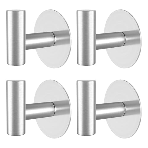 Heavy Duty Self-Adhesive Coat Hooks, Stainless Steel Towel Hooks for Bags, Towels, Robes, Hats, Aprons – No Drill Bathroom, Kitchen, Hotel Wall Hooks (Silver, 4 Pack) - color: Silvery, size: Adhesive "T" Shape- 4 Pack