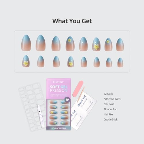 BTArtbox Press On Nails, Garden Party, Short Almond, Blue 3D Flower, 32Ct - color: A1-Garden Party