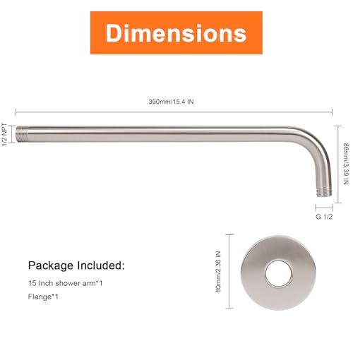 Shower Arm with Flange and Teflon Tape, Wall Mounted Shower Pipe 304 Stainless Steel Extension Arm for Fixed Shower Head & Handheld (15 Inch, Brushed Nickel) - color: Brushed Nickel, style: 15 Inch