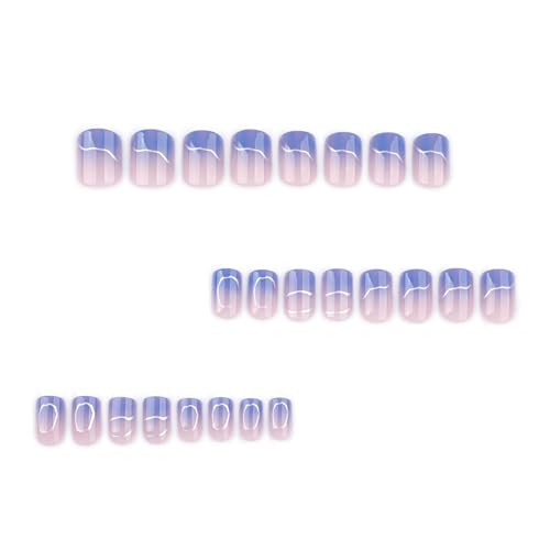 Mivota Short Square Press On Nails blue Nude Gradient False Nails with Silver Streaks Acrylic Press in Nail Gel Stick On Nails Set Glue on Nails for Women & Girls 24Pcs - color: 29-Blue gradient silver lines