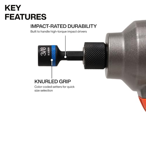 Klein Tools 32925S Nut Setter Set, Magnetic Impact Driver Set, 2-Inch Power Nut Drivers, Color-Coded, SAE, Impact-Rated, 5-Piece - size: 2-Inch/5-Piece Set