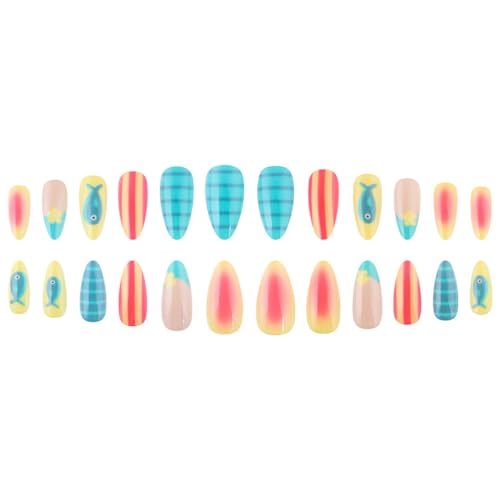 Summer Press On Nails Medium Almond Yellow Pink with Small Fish Flower - color: Style11