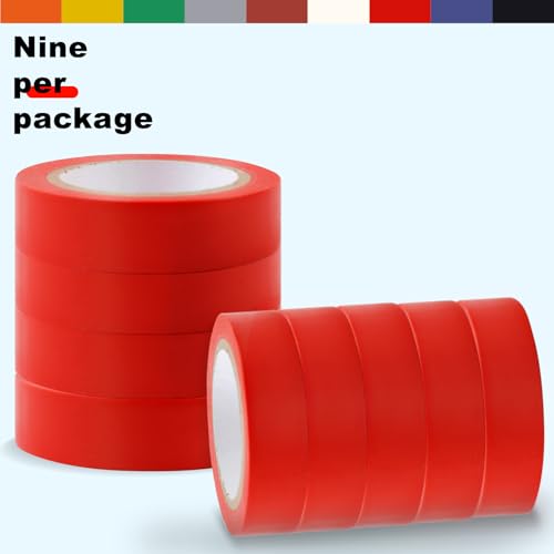 Romeda 9 Pack Electrical Tapes, Electrical Tape Water, Sun, and Oil Resistant, Electrical Tape is Suitable for Most Domestic, Commercial, and Industrial environments - Red - color: Red