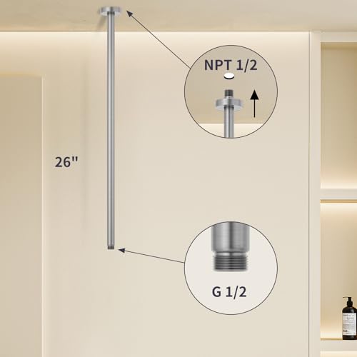 Brushed Nickel 26 Inches Ceiling Mount Round Shower Arm With Flange Straight Extender Extension Pipe Replacement Rain Shower Head Straight For Fixed - color: Brushed Nickel