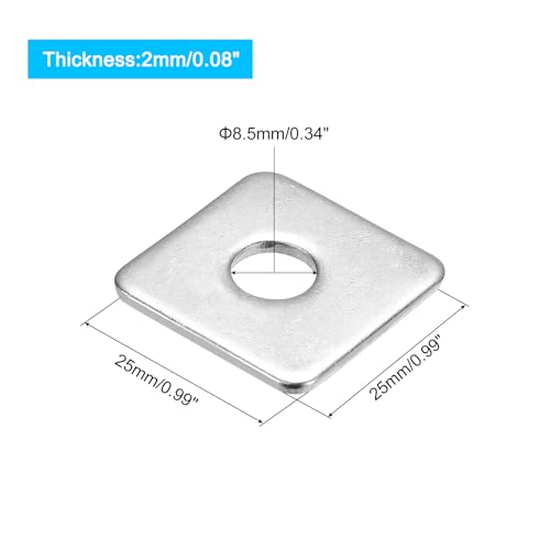uxcell Square Washer, 25Pcs M8x25x25x2mm 304 Stainless Steel Square Plate Washers Flat Pad Spacer Gasket for Hardware Fastener - size: M8x25x25x2mm