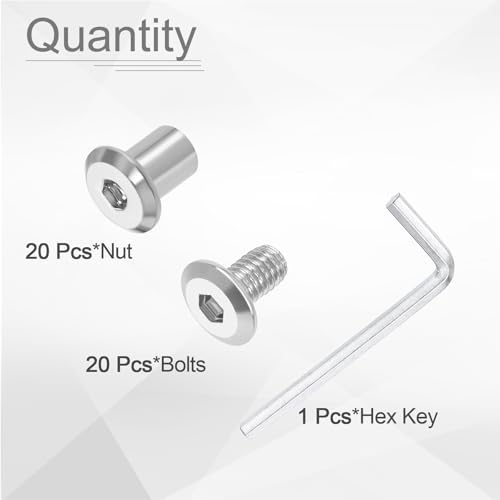 HARFINGTON 20 Set M6x10mm Hex Drive Socket Cap Bolt and M6x10mm Nuts with M4 Hex Wrench, Furniture Connector Bolts and Screws for Furniture Countersunk Belt, Silver - size: M6x10mm, M6x10mm