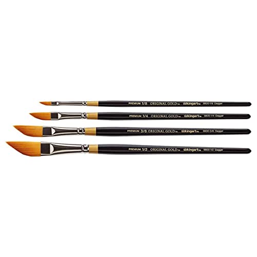 KINGART Premium 4 pc. Original Gold 9800 Series Dagger Striper Artist Brush Set, Synthetic Golden TaklonHair for Acrylic, Oil, Gouache Paint, Short Handle, 4 Sizes: 1/8", 1/4", 3/8", 1/2"