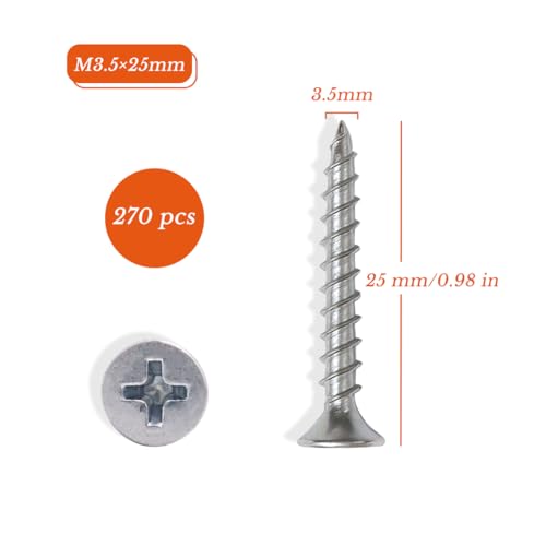 M3.5×25mm Wood Screw 120PCS Silver Drywall Screws Flat Head Phillips Drive Screws Set Zinc Plated Coarse Thread Ideal for Furniture, DIY & Home Repair - size: 25mm-270pcs