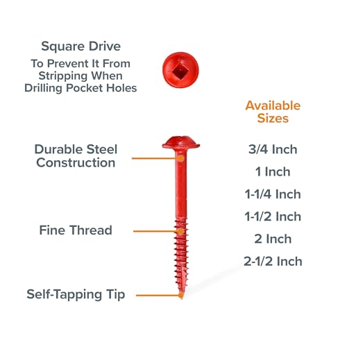 Bora Pocket Hole Screws - 1-1/2 inch (500 Piece) - Fine Thread - size: 1-1/2 inch (500 Piece), style: Fine Thread