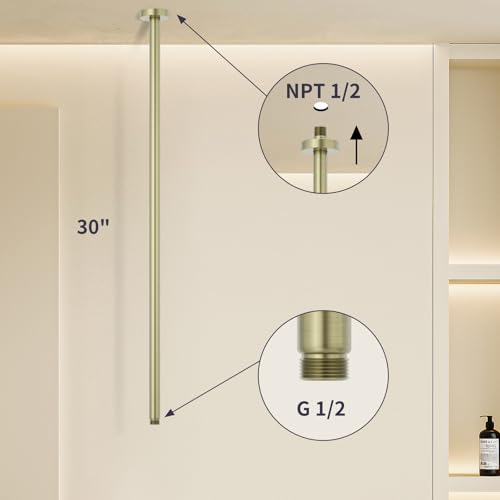 30 Inches Brushed Gold Ceiling Mount Round Shower Arm With Flange Straight Extender Extension Pipe Replacement Rain Shower Head Straight For Fixed - color: Brushed Gold